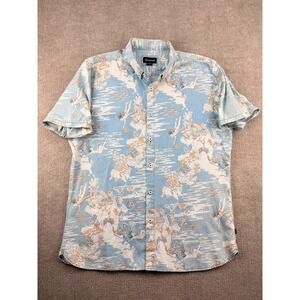 Barney Cools Men Large Mermaid Graphic Print Short Sleeve Button Down Shirt Blue